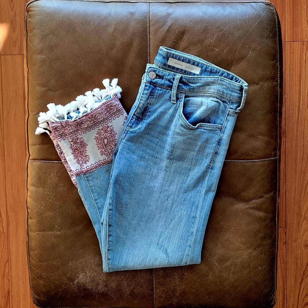 Anthro Pilcro and the Letterpress Cropped Denim Tasseled Print Hem size 30